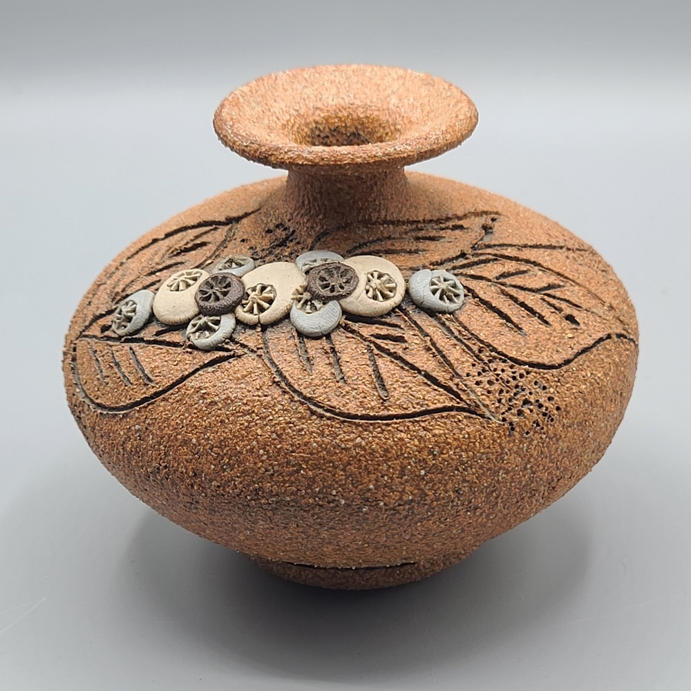 Vintage Carma Sand Art Pottery Vase Bottle 6" Earthy Boho Floral